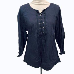 Anthropologie HD in Paris Lace Up Top Navy Medium Blue